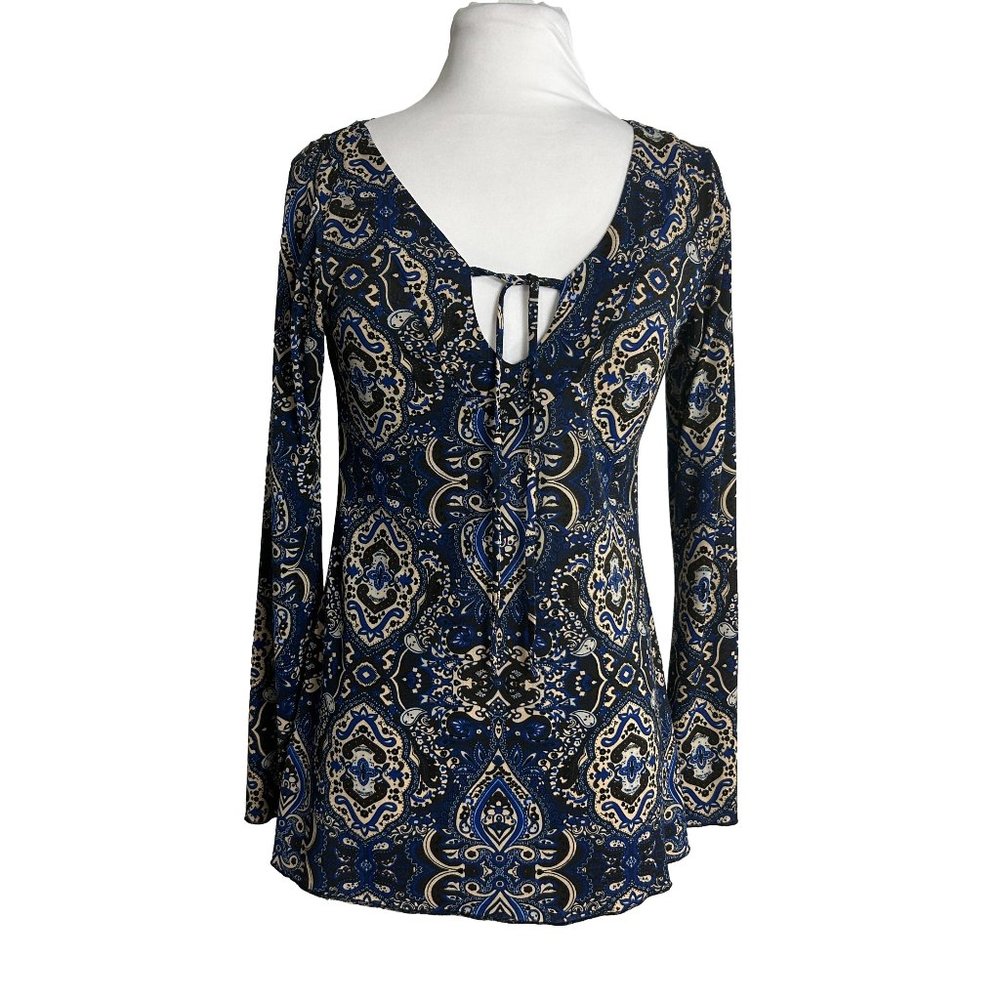 VTG ing Pullover Top Shirt Blouse Womens Size Medium Blue Paisley Stretch